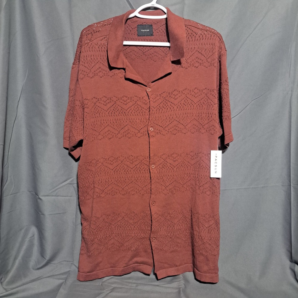 Pacsun Men's LARGE Hudson‎ Oversized Crochet Camp Shirt Burgundy Short Sleeve